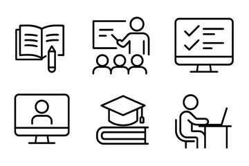 Education and e-learning line icon set. Training, seminar, online test, webinar, course, and distance learning concepts. Vector symbols for graduation, study, and teaching.
