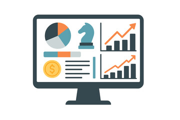 Computer monitor with financial report dashboard. Business strategy and data analytics for investments and planning. Infographic elements showing business success and growth.