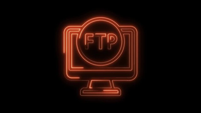 Glowing neon ftp icon animation on black background for data transfer visualization