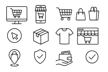 Online shopping & e-commerce line icon set. Vector symbols for web & mobile. Includes cart, bag, delivery, payment, secure checkout, store, location & confirmation icons.