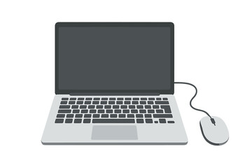 Open laptop with mouse and keyboard. Flat design vector illustration. Computer notebook isolated on white background. Modern digital device for work or study. Tech mockup.