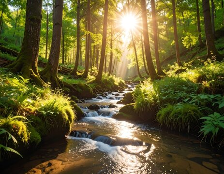 Sunlight streams through a lush forest, illuminating a babbling brook (1)