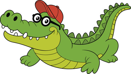Cartoon alligator character, green reptile, red cap, glasses, friendly animal, vector illustration, kids mascot, crawling pose, stock image, smiling face