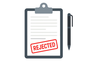Rejected application form document on clipboard with red stamp. Claim denied, refusal concept. Business failure, loan or insurance disapproval vector illustration. Paperwork deny.