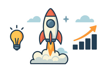 Startup business concept with rocket launch, innovation strategy and growth boost, successful project launch vector illustration, technology and idea development symbol