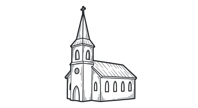 Hand-drawn sketch of a traditional church building with a steeple and cross.