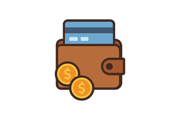 Wallet concept icon with credit card and coins, flat design vector illustration showing money, finance, payment, cash, savings, digital wallet, currency, and financial security