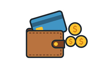 Wallet concept icon with credit card and coins, flat design vector illustration, finance and money management symbol, digital payment, cash and plastic card, transparent background vector graphic