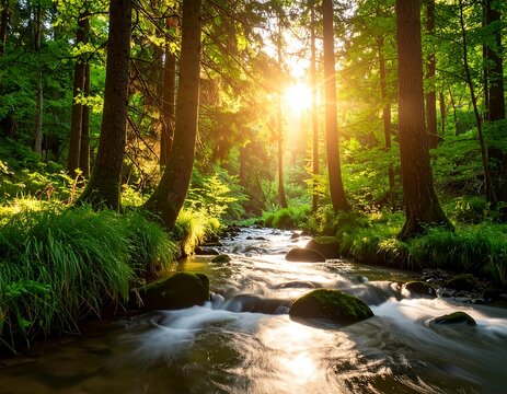 Sunlight streams through a lush forest over a babbling brook