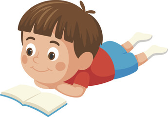 Cartoon child reading book, educational activity, vector illustration, learning, lying down, happy boy, study time, kids character, playful design