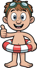 Cartoon child with swim ring, summer activity, water safety, vector illustration, happy kid, swimming gear, beach fun, stock image