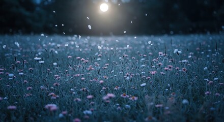 A flower field with pink and white flowers under a bright light source