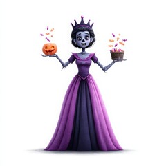 Fototapeta premium Halloween princess holding pumpkin and candy bucket in spooky attire