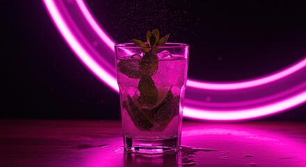 A glass of fizzy drink with mint is vividly illuminated by neon rings set on a wet surface