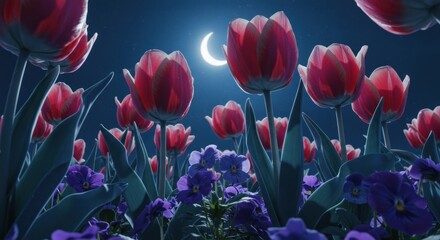 A night garden with red tulips and violet pansies under a crescent moon