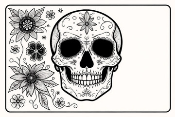 Fototapeta premium Calavera Catrina decorada con flores de cempasúchil y rosas rojas y blancas, estilo elegante y limpio, líneas suaves, colores contrastados pero sencillos 