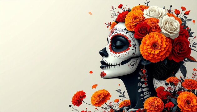 Calavera Catrina decorada con flores de cempasúchil y rosas rojas y blancas, estilo elegante y limpio, líneas suaves, colores contrastados pero sencillos 