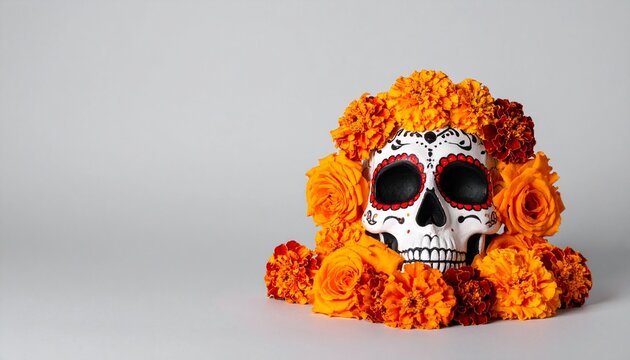 Calavera Catrina decorada con flores de cempasúchil y rosas rojas y blancas, estilo elegante y limpio, líneas suaves, colores contrastados pero sencillos 