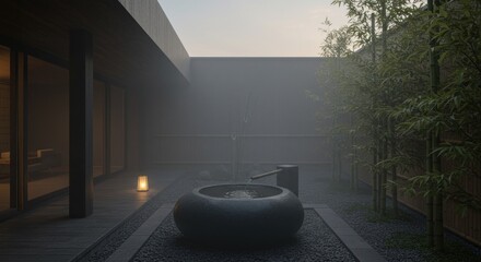 A serene courtyard featuring a stone water basin bamboo stalks and a glowing lantern under a misty sky