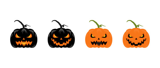 Set of Halloween pumpkins with scary and cheerful faces on white, black, and orange backgrounds. Halloween holiday. Vector illustration