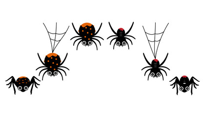 Set of Halloween spiders with scary and cheerful faces on a white background. Halloween holiday. Vector illustration