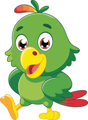 Cartoon green parrot, tropical bird character, waving wing, dancing pose, colorful feathers, vector illustration, kids mascot, cheerful expression, stock image