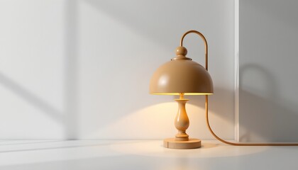 Obraz premium a warmly lit lamp with an orange shade resting on a surface. it casts a soft glow that contrasts with the cooler tones of its surroundings.