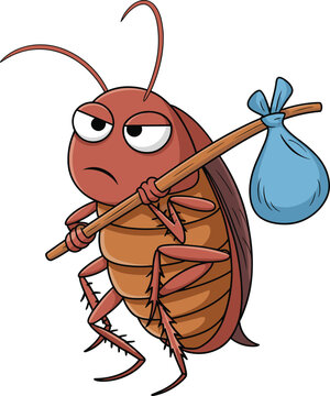 Cartoon cockroach character, hobo insect, stick and bundle, funny bug, vector illustration, disgruntled face, walking pose, stock image, quirky design
