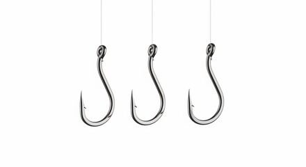 A Trio of Sharp Fishing Hooks Dangling Independently on Invisible Threads Against a Pure White Background Illustrating Fishing Gear and Tackle Concepts