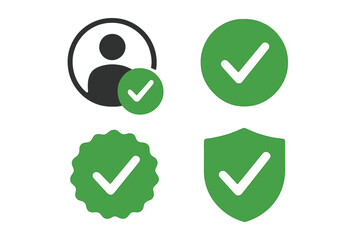 Approved icon set for profile verification. Accept badge with check mark. Quality sticker with tick. Secure shield. Certified user account. Green vector illustration.
