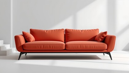 a modern living room space with two sofas, one of which is an l shaped sectional in red upholstery, positioned against a wall that has a minimalistic design