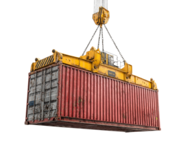 Angled View of Crane Lifting Shipping Container, isolated on transparent background
