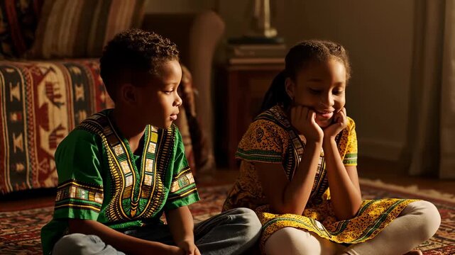 African American family celebrating Kwanzaa at home. Grandmother and grandchildren sit by lit Kinara candles. Cultural holiday tradition and heritage concept