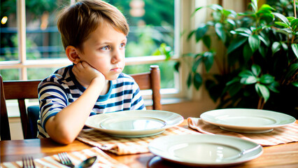 Sad boy sitting at a table with empty plates in a cozy indoor setting