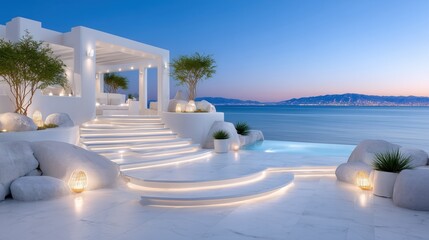 Fototapeta premium Luxurious Coastal Villa with Infinity Pool and Illuminated Steps at Twilight