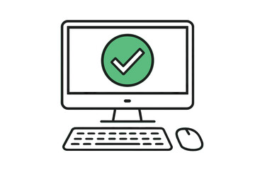 Computer with green checkmark on screen. Approved tick notification icon. Concept of successful software update, completed task, or system security check. Accepted verification.