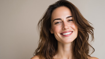 Naklejka premium Happy woman with gentle smile posing in studio with soft lighting