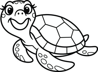 Cartoon sea turtle, marine animal drawing, ocean wildlife, cute smiling turtle, coloring book page, vector illustration, kids art, stock image