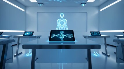Futuristic classroom with a virtual holographic instructor. Digital tablets display genetic data and a rotating DNA helix. Advanced biotechnology and medical education concept. - Powered by Adobe