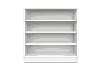 Empty white retail shelves mockup. Realistic 3D vector illustration of a blank supermarket or shop rack for product display. Store showcase furniture isolated on white background.