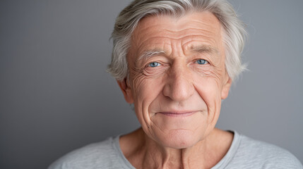 Elderly man with silver hair and blue eyes smiling gently in portrait