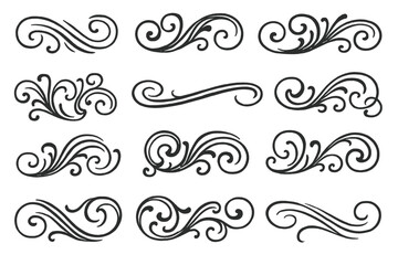 Set of filigree swirly ornaments. Victorian ornamental swirls and simple lines scrolls. Ornamental calligraphy embellishment for decoration. Vintage calligraphic vector illustration.