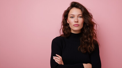 Fototapeta premium Confident young brunette woman with natural makeup and wavy hair on pink backdrop