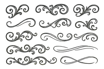 Set of hand-drawn filigree swirly ornaments. Victorian ornamental swirls and scrolls. Vintage calligraphic embellishment collection for elegant design and retro dividers.