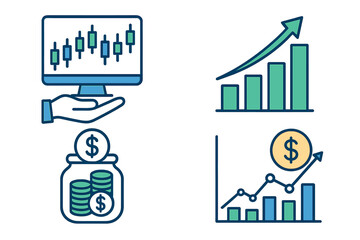 Financial stock market icon set. Trading, investment, and savings concept. Vector graphics for capital markets, economic growth, and finance. Analysis charts and profit diagrams.