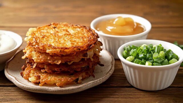 A stack of traditional potato pancakes served with toppings. Crispy fried latkes with sour cream and applesauce for Hanukkah. Eastern European comfort food concept