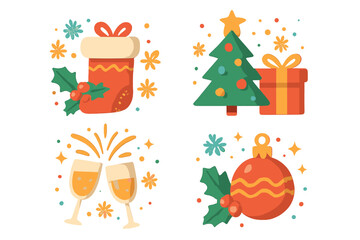 Christmas and New Year vector icon set. Holiday celebration collection. Flat design illustration of tree, gift, stocking, champagne toast, and ornament. Winter party elements.