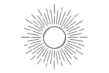 Hand drawn sunburst vector illustration. Vintage sun rays sketch. Retro light burst doodle. Radiant circle frame for logo or badge. Starburst design element. Isolated background.