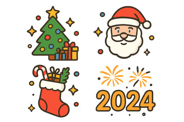 Christmas 2024 New Year vector icon set. Cute cartoon collection with Santa Claus head, Xmas tree, gift, stocking. Holiday graphic elements for winter celebration design.
