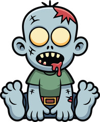 Cartoon zombie character sitting, Halloween monster, scary undead, vector illustration, creepy design, children horror art, stock image, spooky mascot